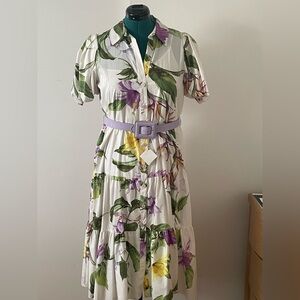 Zara White Floral Midi Dress with Belt